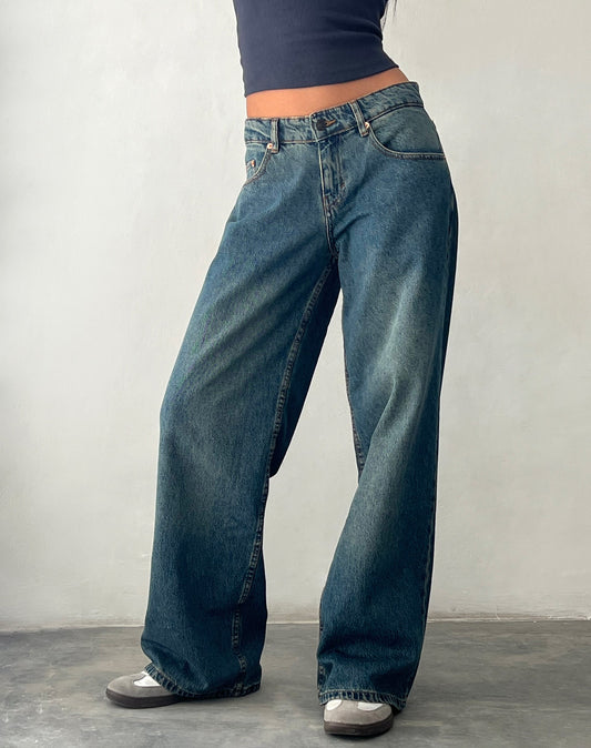 Jean taille basse extra large coupe roomy bleu marron délavé à l'acide